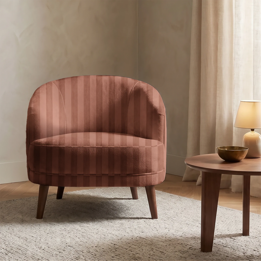 Warm brown 19th century equal-width stripe, darker bands striated: chenille armchair upholstery mockup.