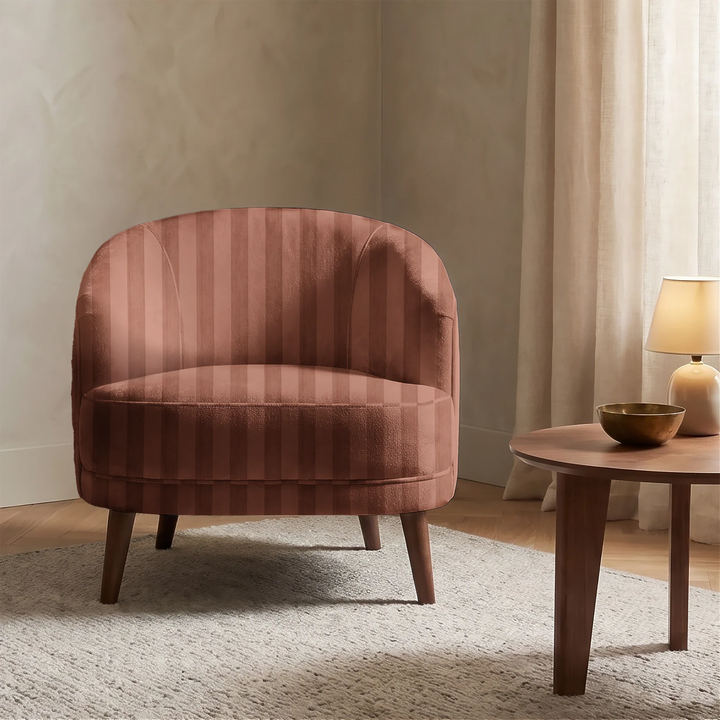 Warm brown 19th century equal-width stripe, darker bands striated: chenille armchair upholstery mockup.