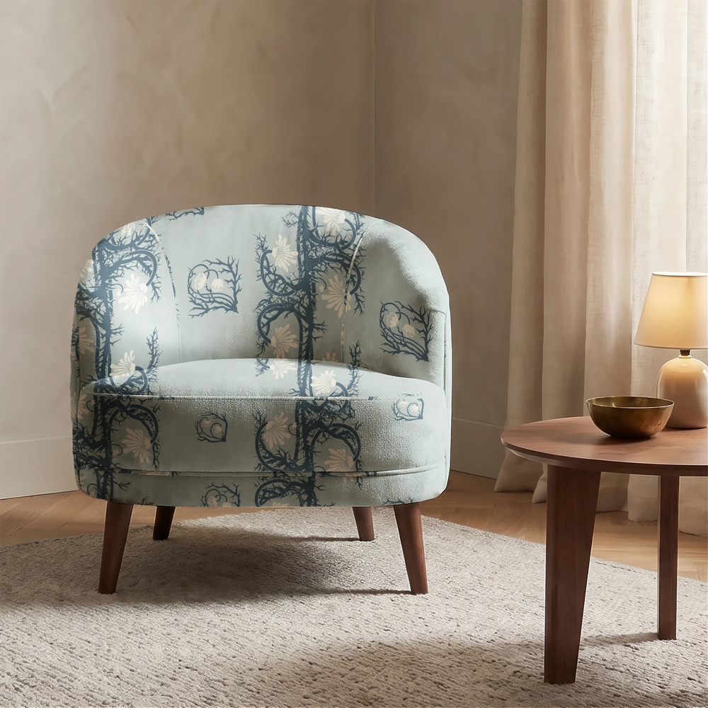 Marguerite in mist and slate: spined, entwined stems forming vertical channels around massed daisy heads, translated from a c. 1904 Dutch linen damask finger towel by Cornelis van der Sluys. cohort1 vb chair