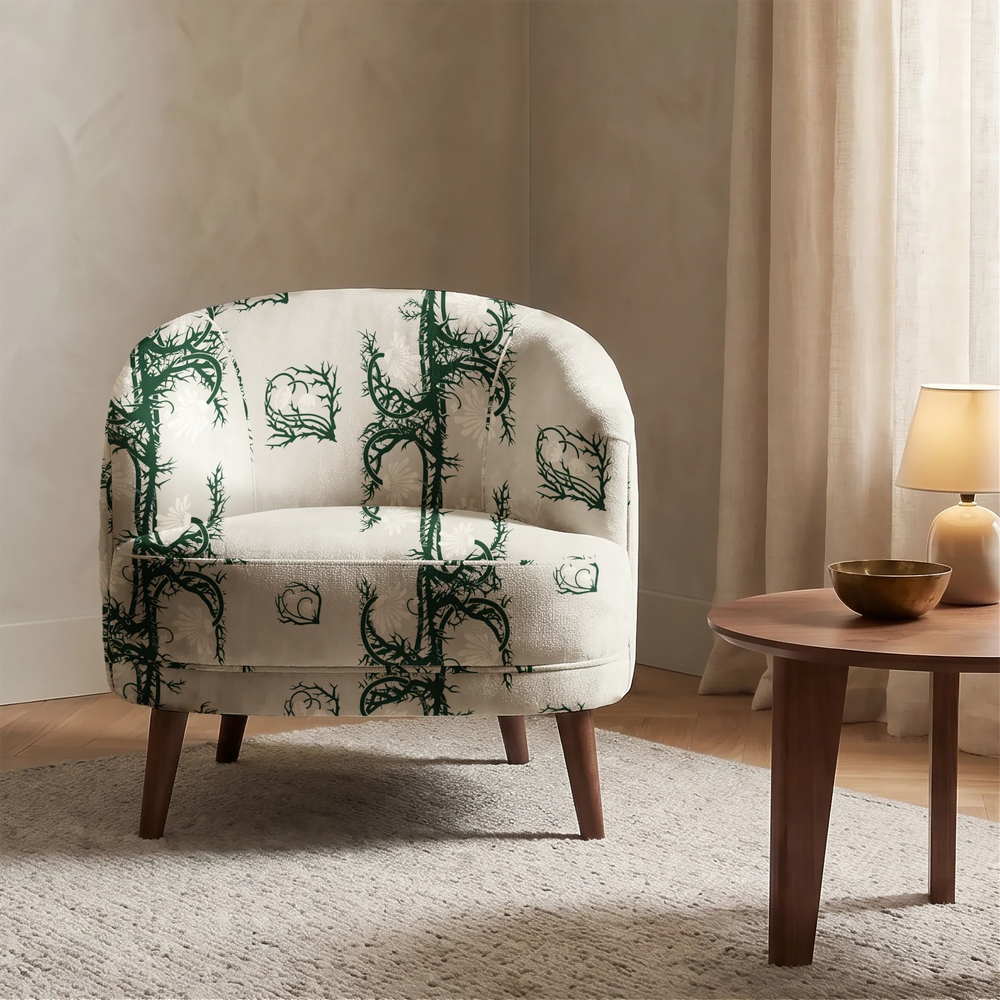 Marguerite in linen and forest floor: spined, entwined stems forming vertical channels around massed daisy heads, translated from a c. 1904 Dutch linen damask finger towel by Cornelis van der Sluys. cohort1 vb chair