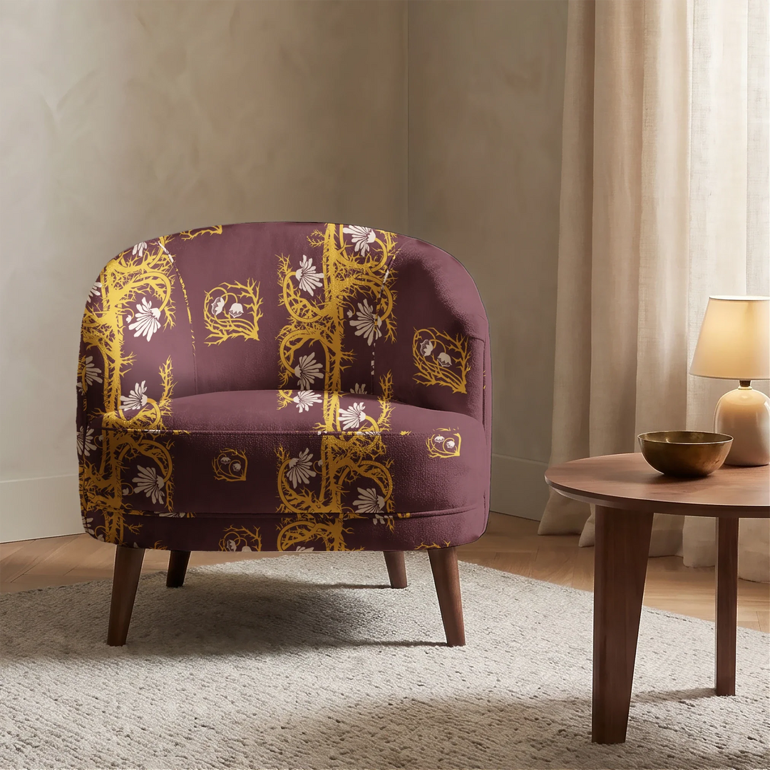 Marguerite in blackcurrant and marigold: spined, entwined stems forming vertical channels around massed daisy heads, translated from a c. 1904 Dutch linen damask finger towel by Cornelis van der Sluys. cohort1 vb chair