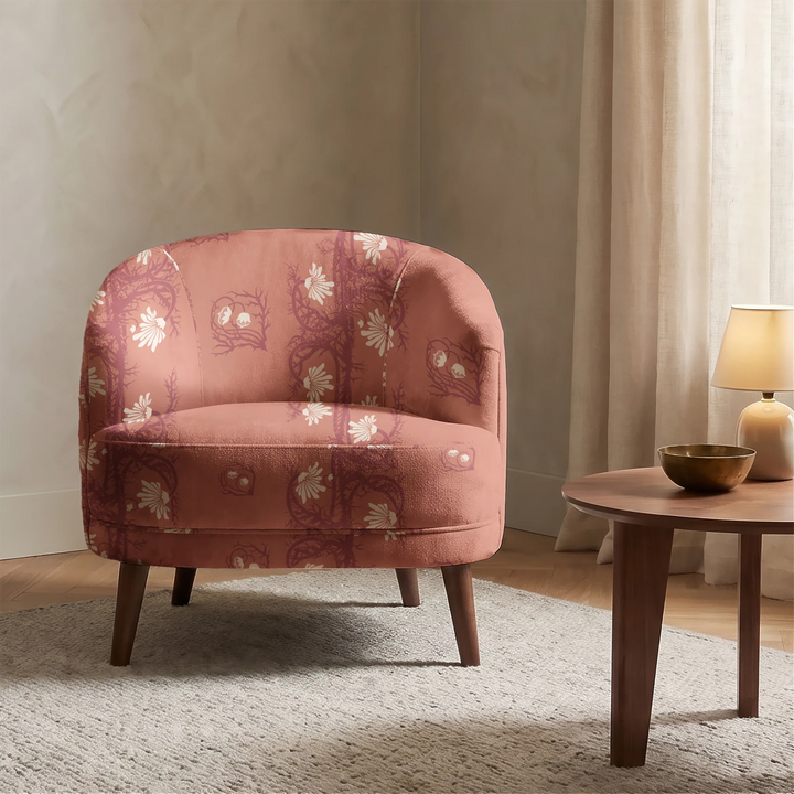 Marguerite in terracotta and pomegranate: spined, entwined stems forming vertical channels around massed daisy heads, translated from a c. 1904 Dutch linen damask finger towel by Cornelis van der Sluys. cohort1 vb chair