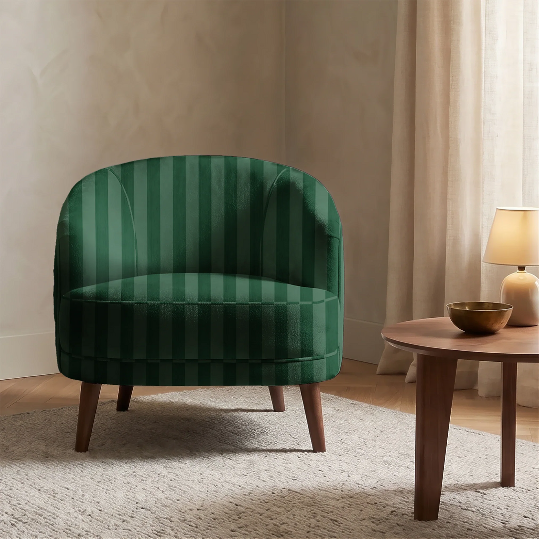 Deep green 19th century equal-width stripe, darker bands striated: chenille armchair upholstery mockup.