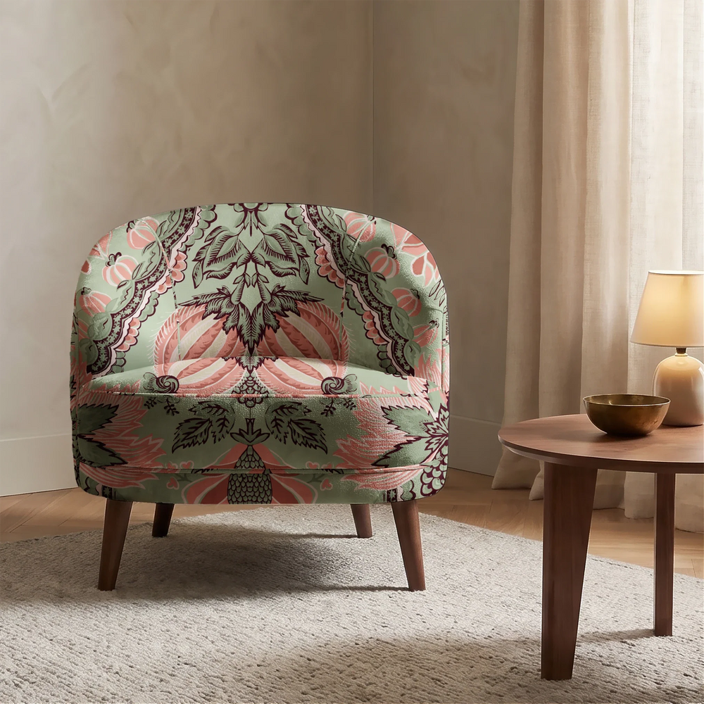 Flowering Pomegranate in eucalyptus and terracotta: an ogee lattice of lace borders framing a blossom held between two swelling pomegranates, translated from an 18th-century French block-printed quilt. cohort1 vb chair