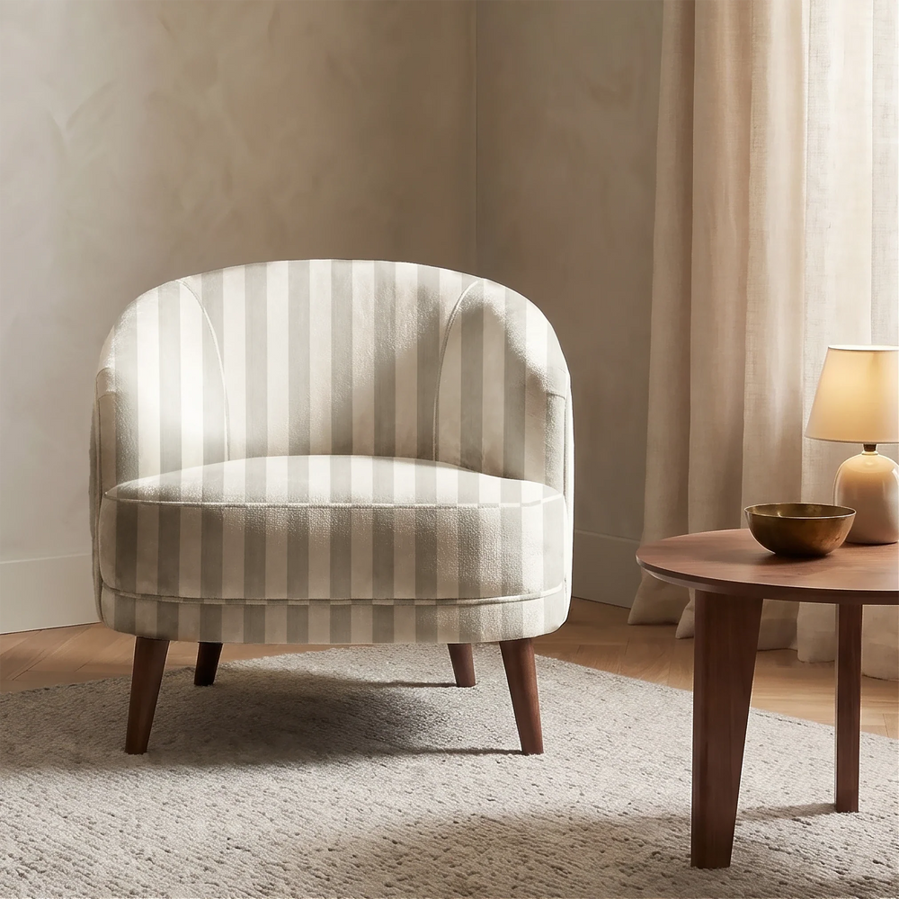Cream and greige 19th century equal-width stripe, greige striated: chenille armchair upholstery mockup.