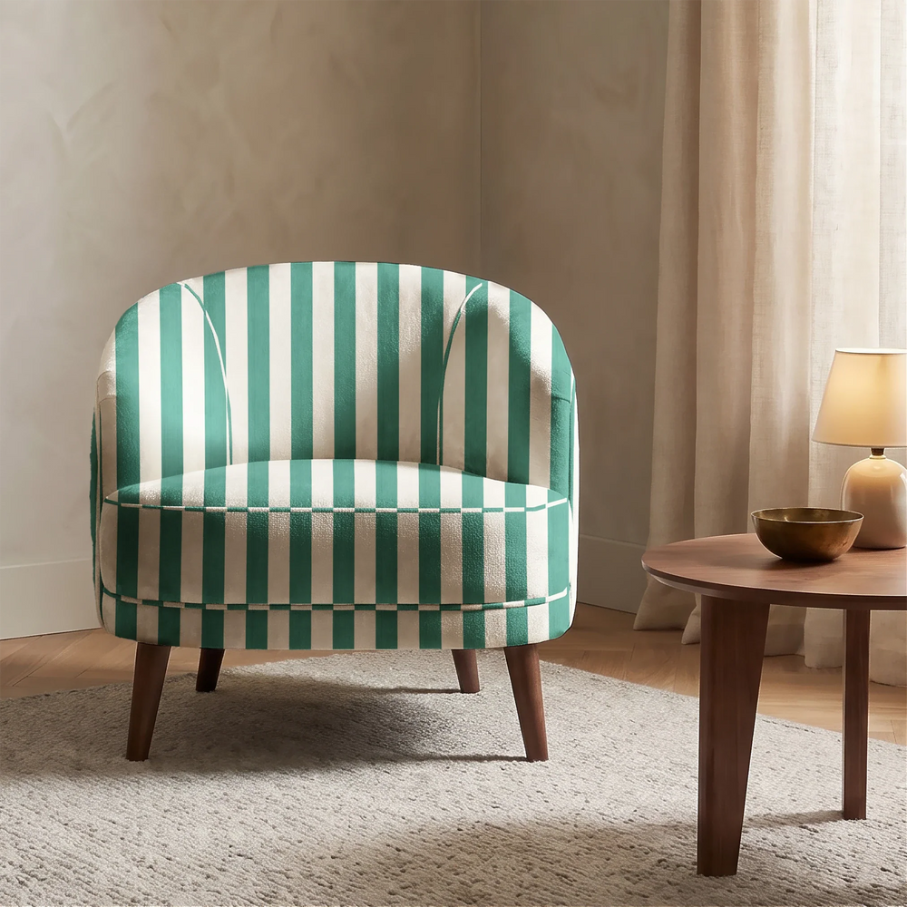 Blue-green and ivory 19th century equal-width stripe, green striated: chenille armchair upholstery mockup.