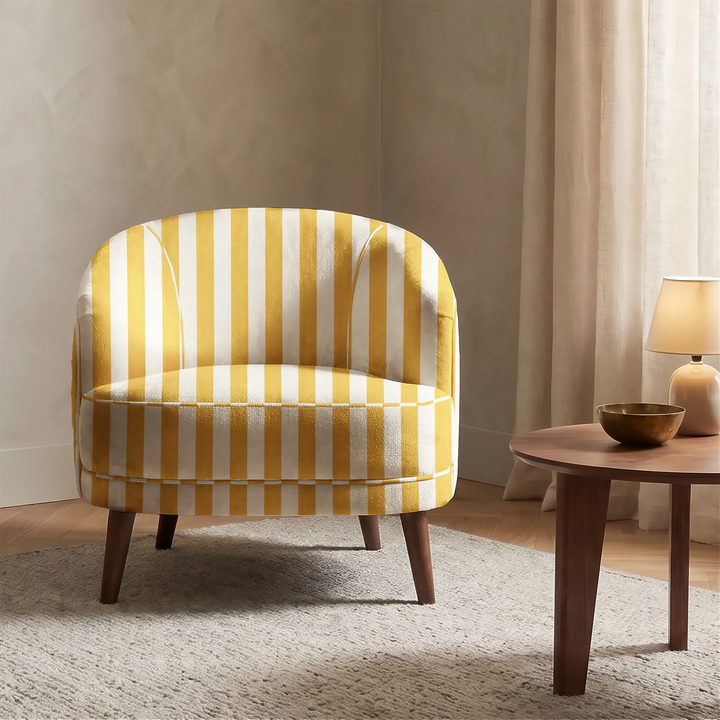 Marigold and ivory 19th century equal-width stripe, yellow striated: chenille armchair upholstery mockup.
