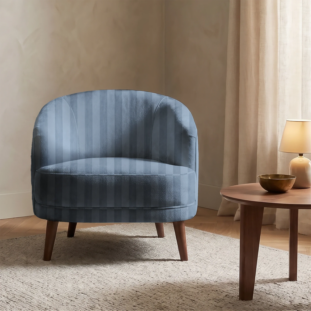 Muted blue 19th century equal-width stripe, deeper bands striated: chenille armchair upholstery mockup.