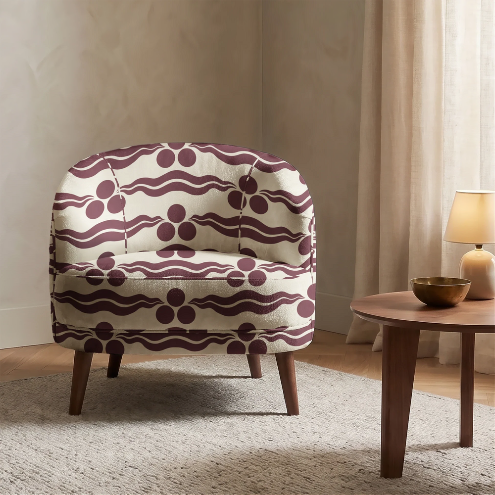 Chintamani Tiger in sandstone and blackcurrant: triple-disc chintamani roundels above paired wave bands, translated from a 15th-century Bursa silk velvet at The Metropolitan Museum of Art. cohort1 vb chair