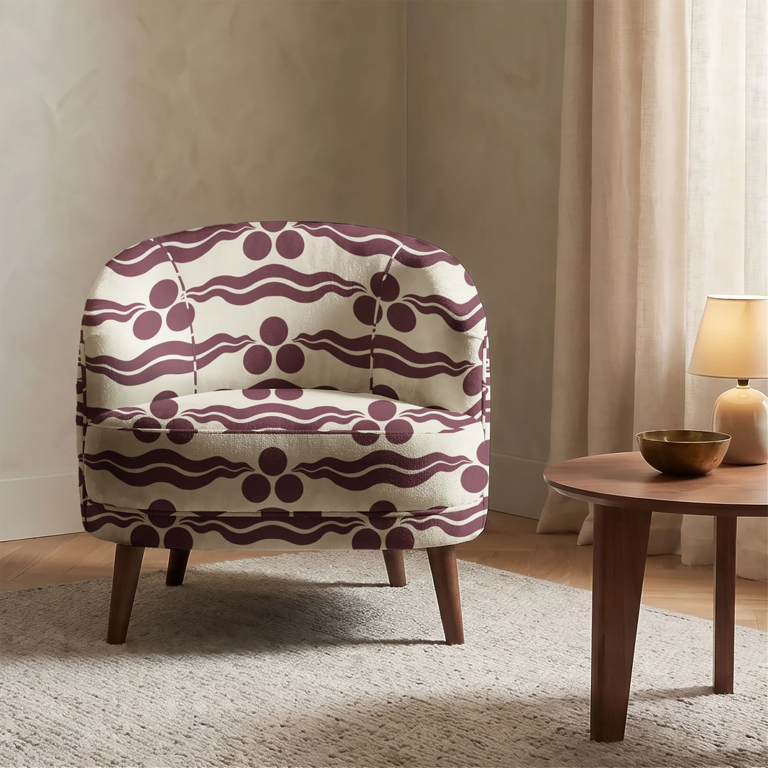 Chintamani Tiger in sandstone and blackcurrant: triple-disc chintamani roundels above paired wave bands, translated from a 15th-century Bursa silk velvet at The Metropolitan Museum of Art. cohort1 vb chair