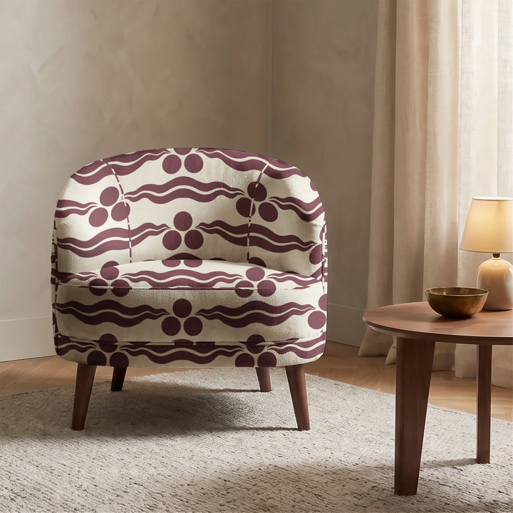 Chintamani Tiger in sandstone and blackcurrant: triple-disc chintamani roundels above paired wave bands, translated from a 15th-century Bursa silk velvet at The Metropolitan Museum of Art. cohort1 vb chair
