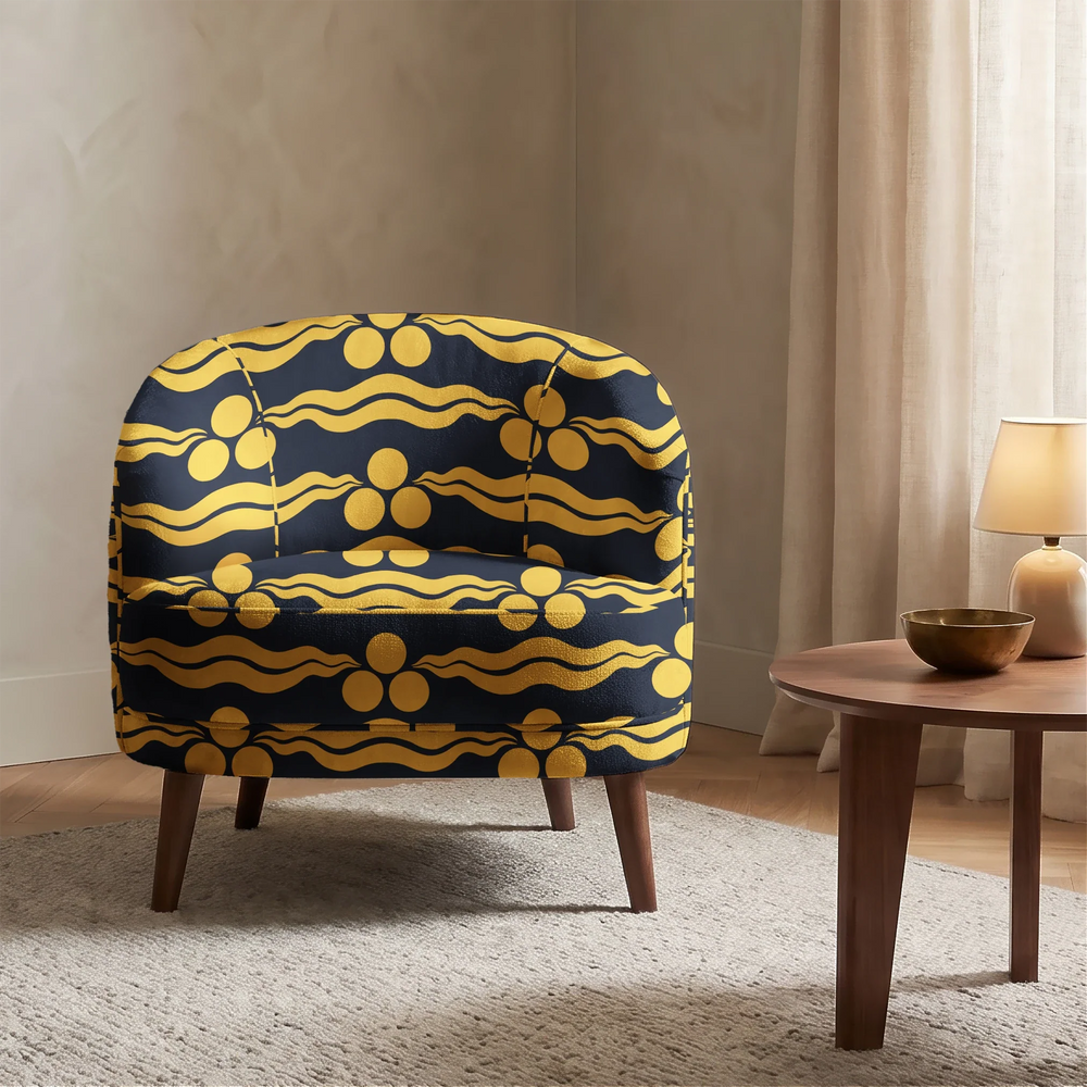Chintamani Tiger in indigo and marigold: triple-disc chintamani roundels above paired wave bands, translated from a 15th-century Bursa silk velvet at The Metropolitan Museum of Art. cohort1 vb chair