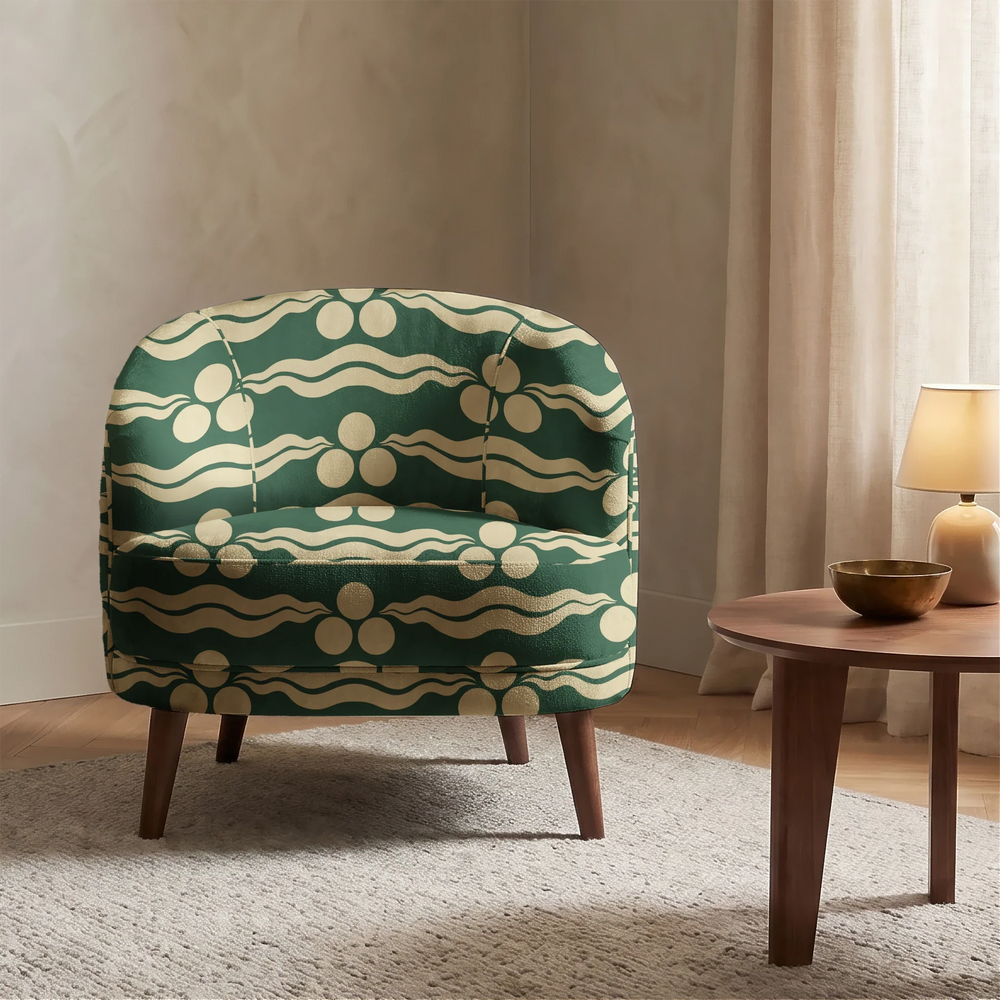 Chintamani Tiger in forest floor and flax: triple-disc chintamani roundels above paired wave bands, translated from a 15th-century Bursa silk velvet at The Metropolitan Museum of Art. cohort1 vb chair