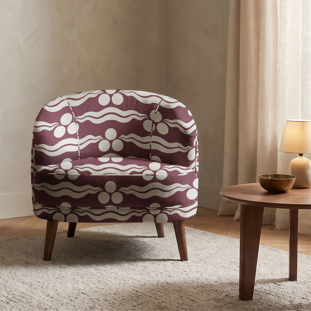 Chintamani Tiger in blackcurrant and travertine: triple-disc chintamani roundels above paired wave bands, translated from a 15th-century Bursa silk velvet at The Metropolitan Museum of Art. cohort1 vb chair
