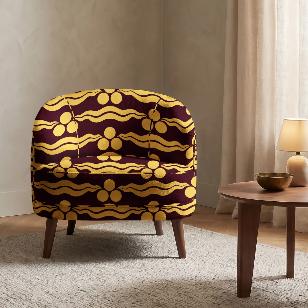 Chintamani Tiger in blackcurrant and marigold: triple-disc chintamani roundels above paired wave bands, translated from a 15th-century Bursa silk velvet at The Metropolitan Museum of Art. cohort1 vb chair
