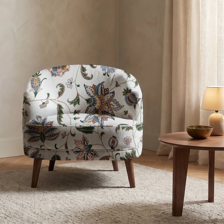 Navy floral vines on a grey ground chenille armchair upholstery mockup.