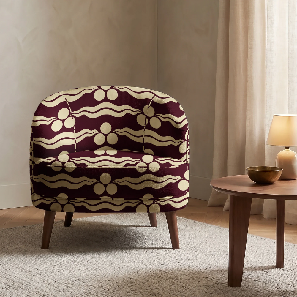 Chintamani Tiger in blackcurrant and flax: triple-disc chintamani roundels above paired wave bands, translated from a 15th-century Bursa silk velvet at The Metropolitan Museum of Art. cohort1 vb chair