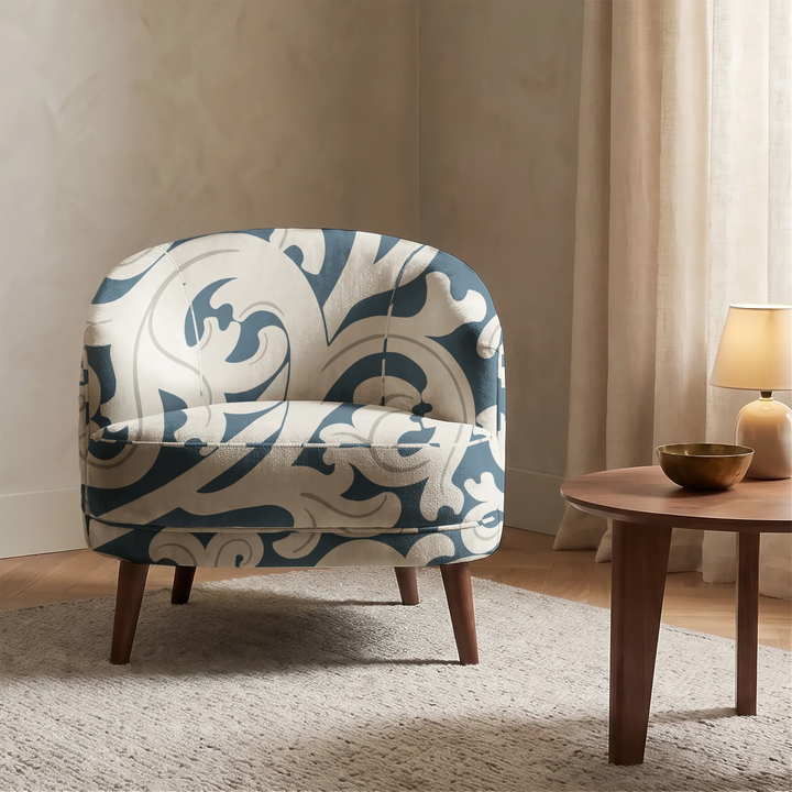 Large beige acanthus scroll motif on a blue ground: chenille armchair upholstery mockup.