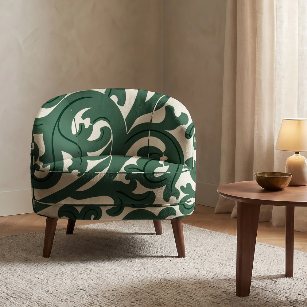 Large green acanthus scroll motif on a beige ground: chenille armchair upholstery mockup.