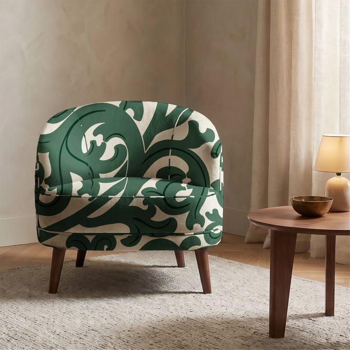 Large green acanthus scroll motif on a beige ground: chenille armchair upholstery mockup.