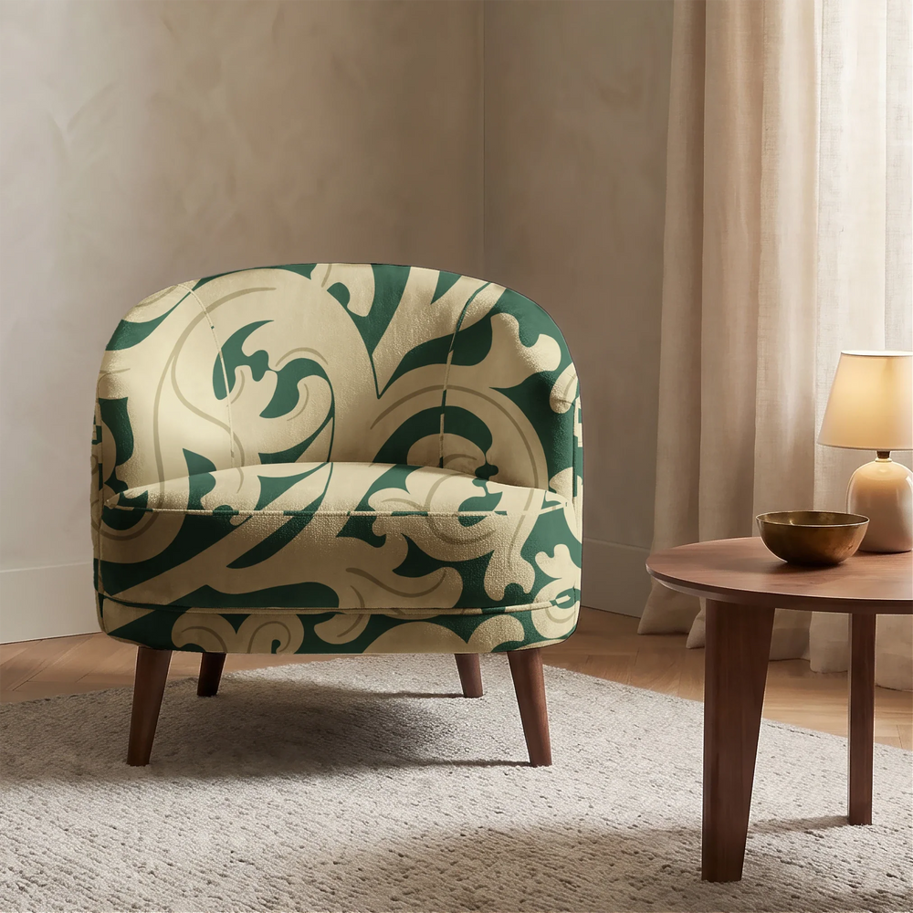 Large gold acanthus scroll motif on a green ground: chenille armchair upholstery mockup.
