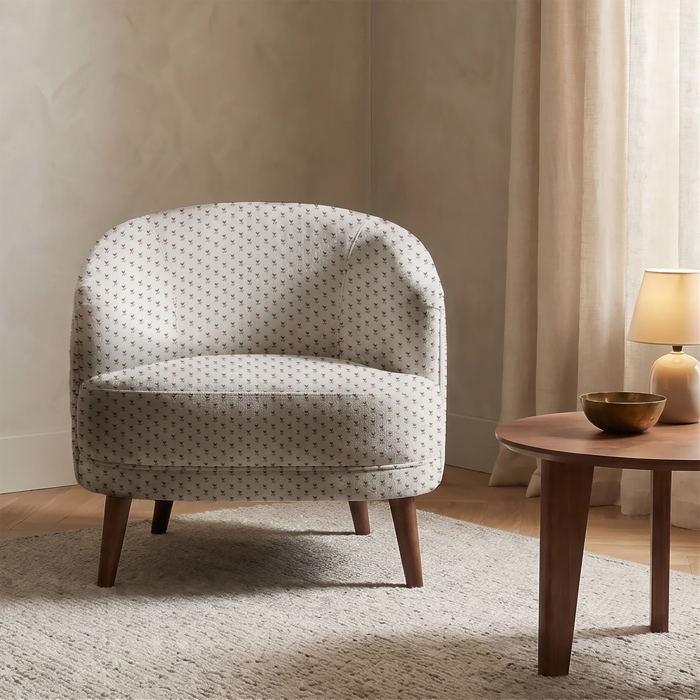 Deep red-brown Second Empire tulip silhouette on a pale grey ground: chenille armchair upholstery mockup.