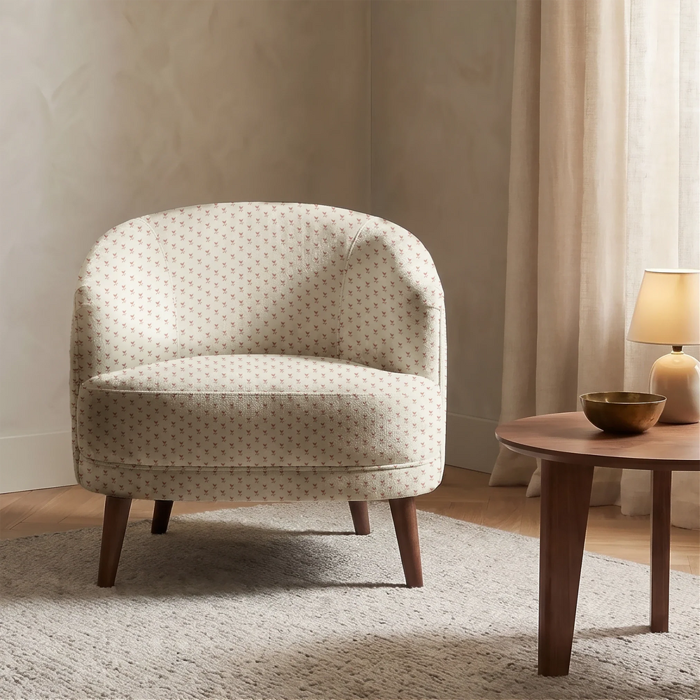 Warm brown Second Empire tulip silhouette on a pale greige ground: chenille armchair upholstery mockup.