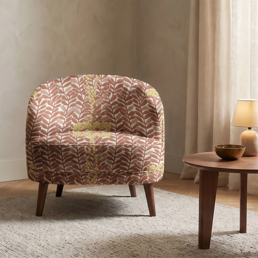Brown 1918 leaf sprays with gold berries on a beige ground: chenille armchair upholstery mockup.