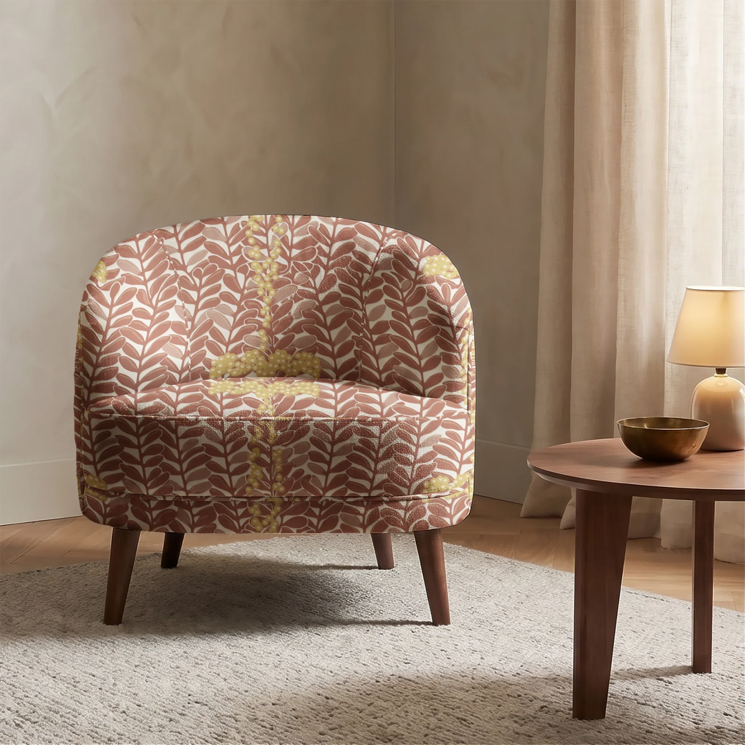 Brown 1918 leaf sprays with gold berries on a beige ground: chenille armchair upholstery mockup.