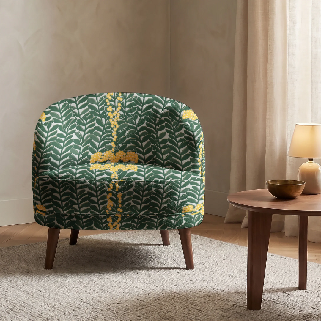 Dark green 1918 leaf sprays with yellow berries on a grey ground: chenille armchair upholstery mockup.