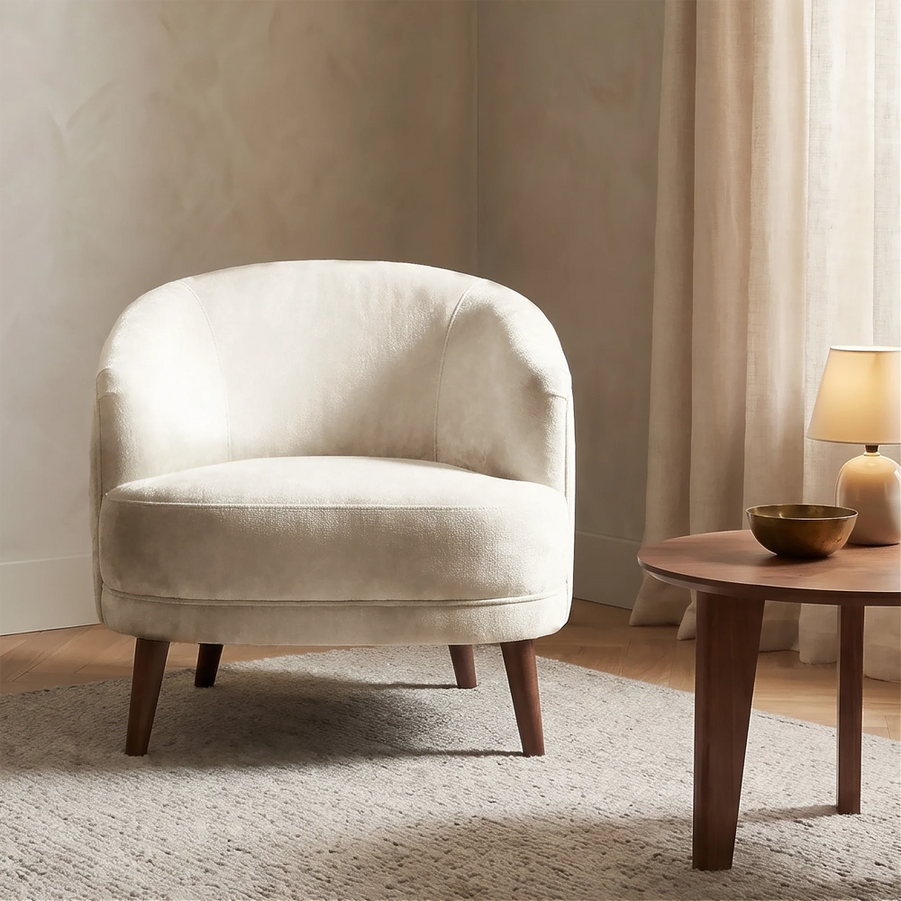 Cream early 20th century tone-on-tone brocade bouquets: chenille armchair upholstery mockup.