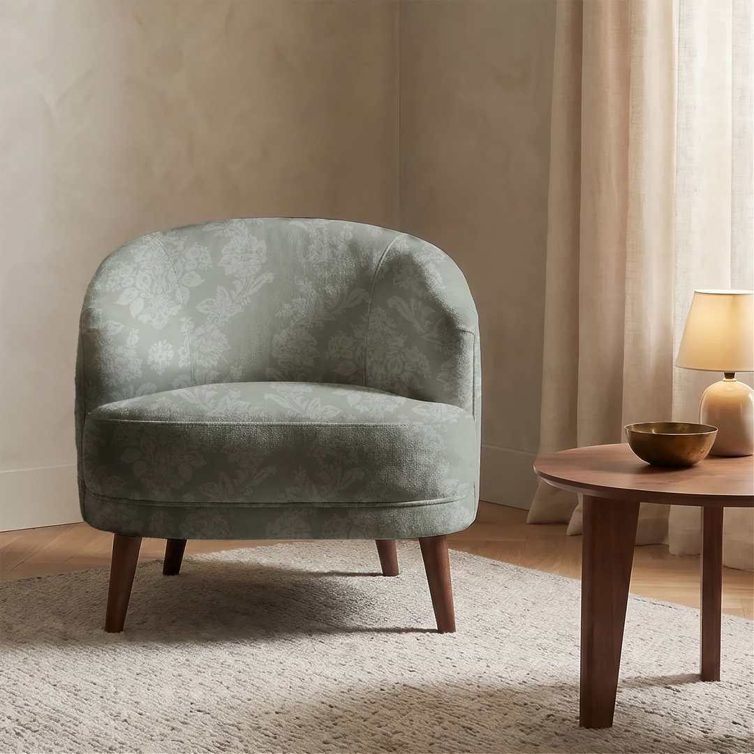 Grey-green early 20th century tone-on-tone brocade bouquets: chenille armchair upholstery mockup.