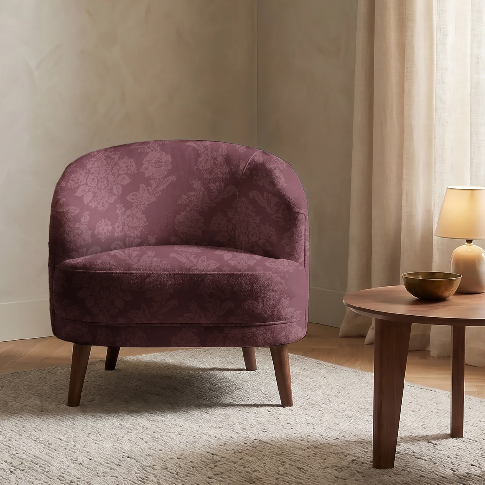 Dark purple early 20th century tone-on-tone brocade bouquets: chenille armchair upholstery mockup.