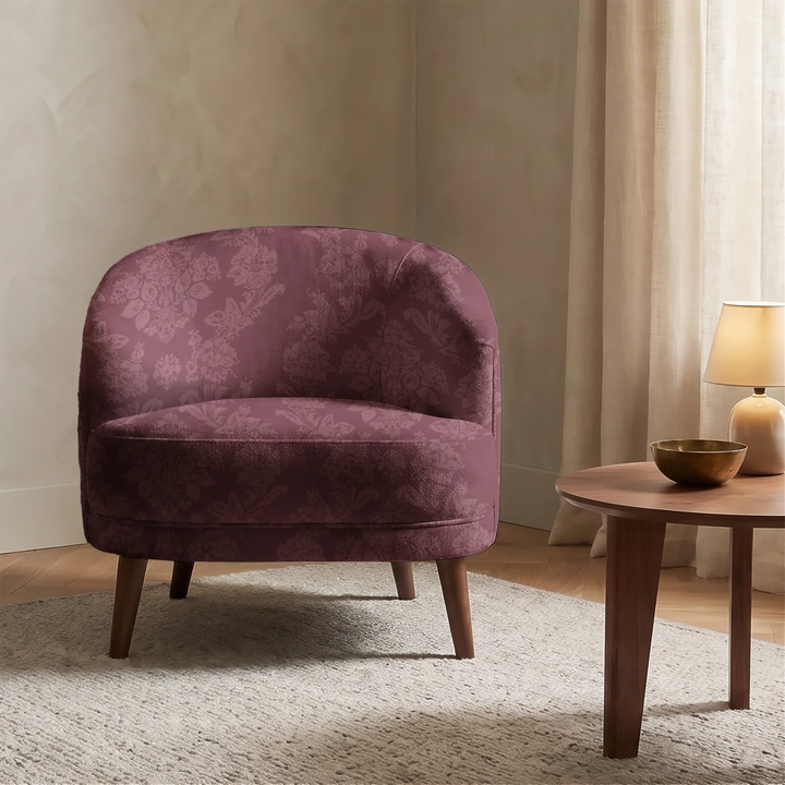 Dark purple early 20th century tone-on-tone brocade bouquets: chenille armchair upholstery mockup.