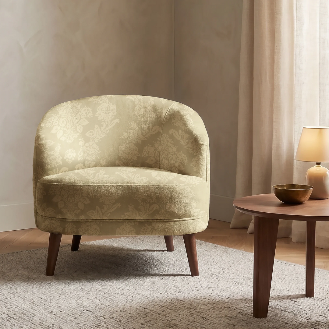 Gold early 20th century tone-on-tone brocade bouquets: chenille armchair upholstery mockup.