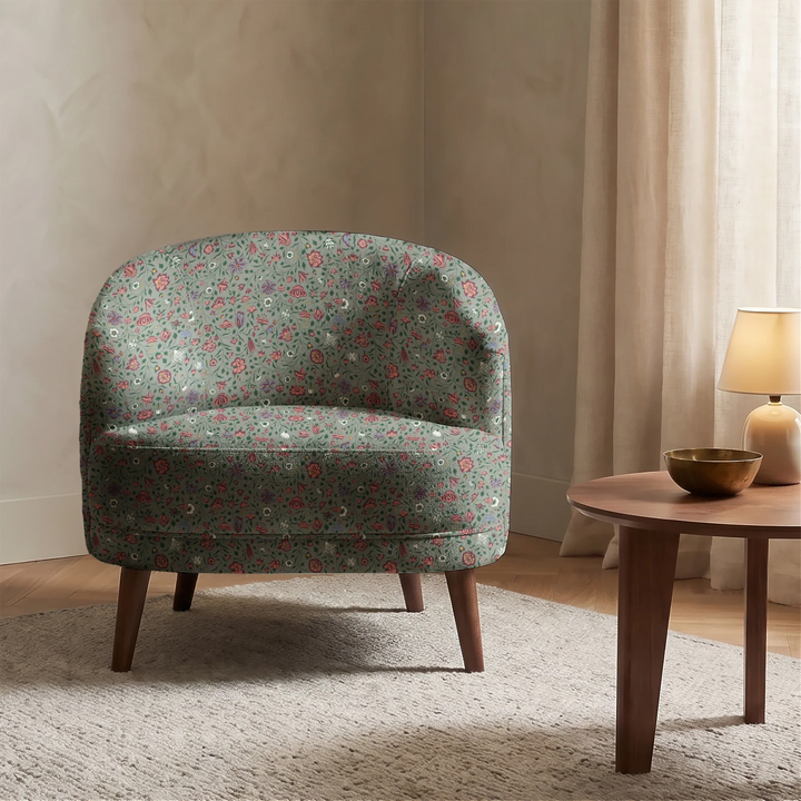 Dark purple 18th century Indian chintz vine on a grey-green ground: chenille armchair upholstery mockup.
