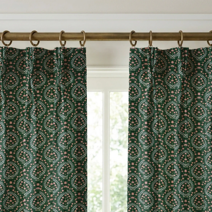 Varanasi Medallion in Forest Floor and Ivory — rose-pink flowers inside pale pointed medallions on a deep green ground cohort1 vb curtains