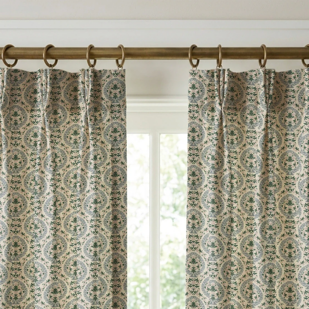 Varanasi Medallion in Ivory and Linen — slate-blue pointed medallions enclosing flowering plants on a near-white ground cohort1 vb curtains