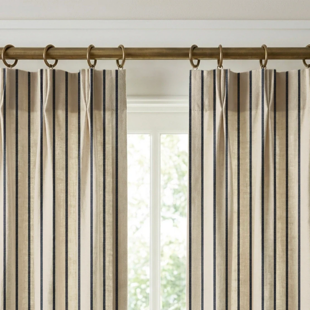 Navy woven-texture pencil stripe on a white ground: linen cotton window curtains mockup.