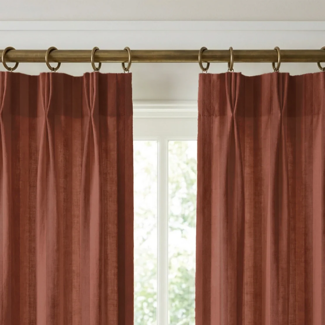 Warm brown 19th century equal-width stripe, darker bands striated: linen cotton window curtains mockup.