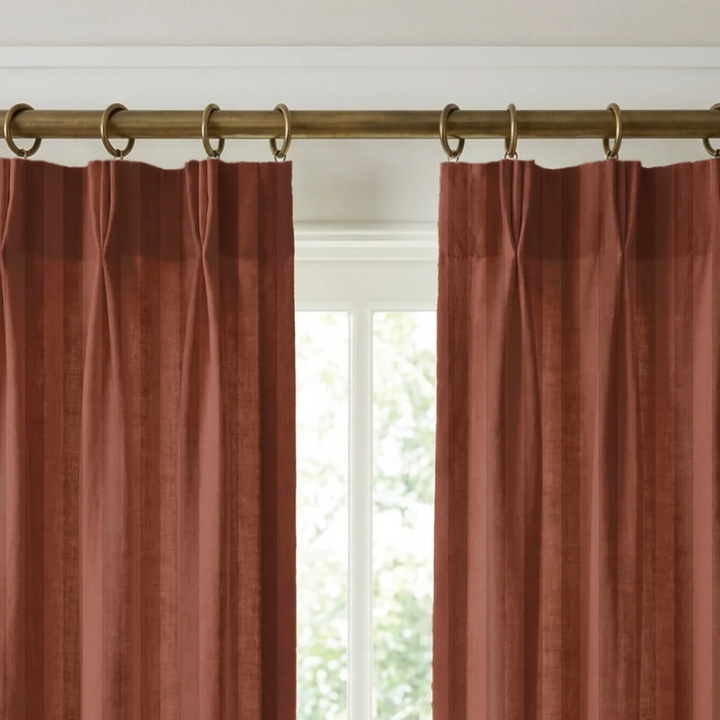 Warm brown 19th century equal-width stripe, darker bands striated: linen cotton window curtains mockup.