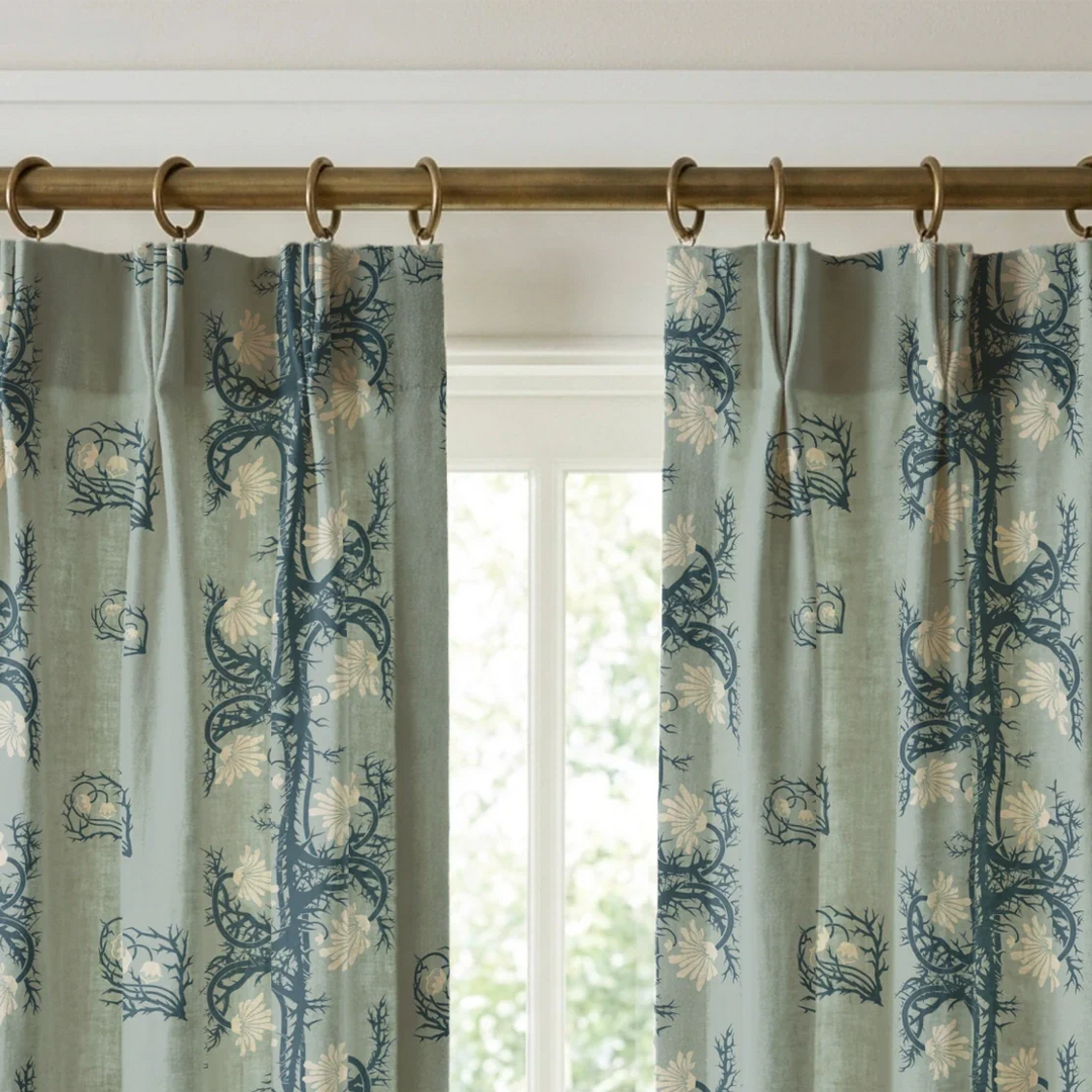 Marguerite in mist and slate: spined, entwined stems forming vertical channels around massed daisy heads, translated from a c. 1904 Dutch linen damask finger towel by Cornelis van der Sluys. cohort1 vb curtains