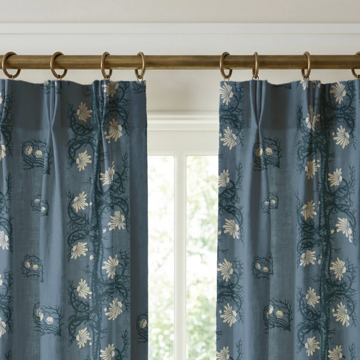 Marguerite in dusty blue and slate: spined, entwined stems forming vertical channels around massed daisy heads, translated from a c. 1904 Dutch linen damask finger towel by Cornelis van der Sluys. cohort1 vb curtains