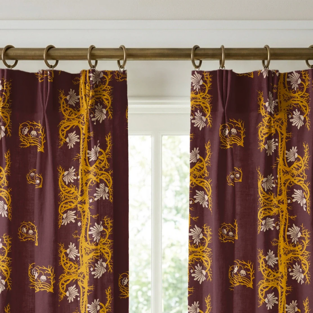 Marguerite in blackcurrant and marigold: spined, entwined stems forming vertical channels around massed daisy heads, translated from a c. 1904 Dutch linen damask finger towel by Cornelis van der Sluys. cohort1 vb curtains