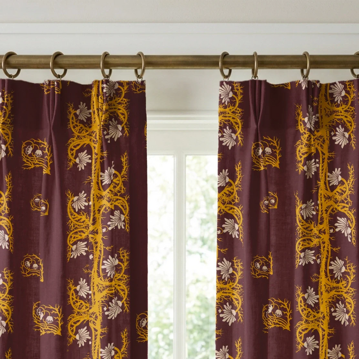 Marguerite in blackcurrant and marigold: spined, entwined stems forming vertical channels around massed daisy heads, translated from a c. 1904 Dutch linen damask finger towel by Cornelis van der Sluys. cohort1 vb curtains