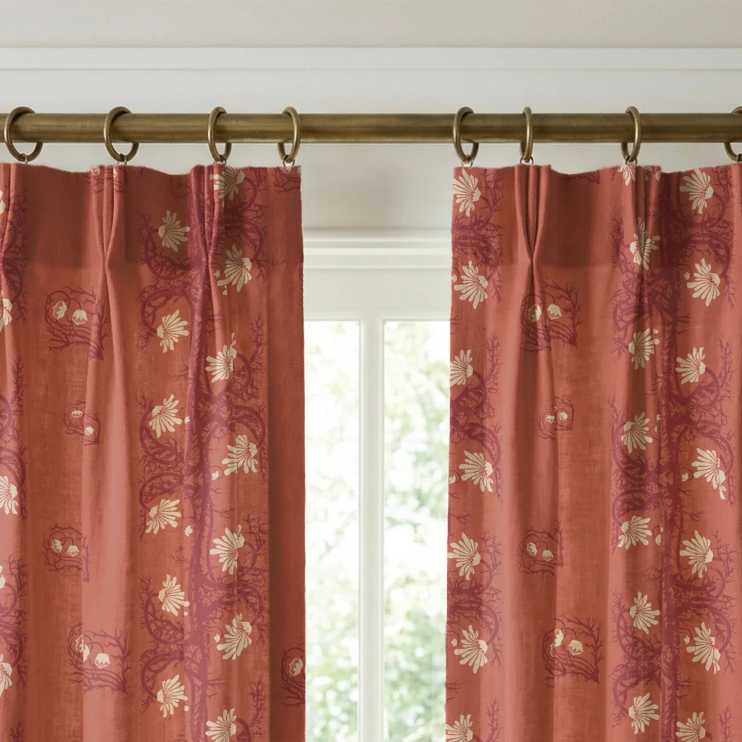 Marguerite in terracotta and pomegranate: spined, entwined stems forming vertical channels around massed daisy heads, translated from a c. 1904 Dutch linen damask finger towel by Cornelis van der Sluys. cohort1 vb curtains