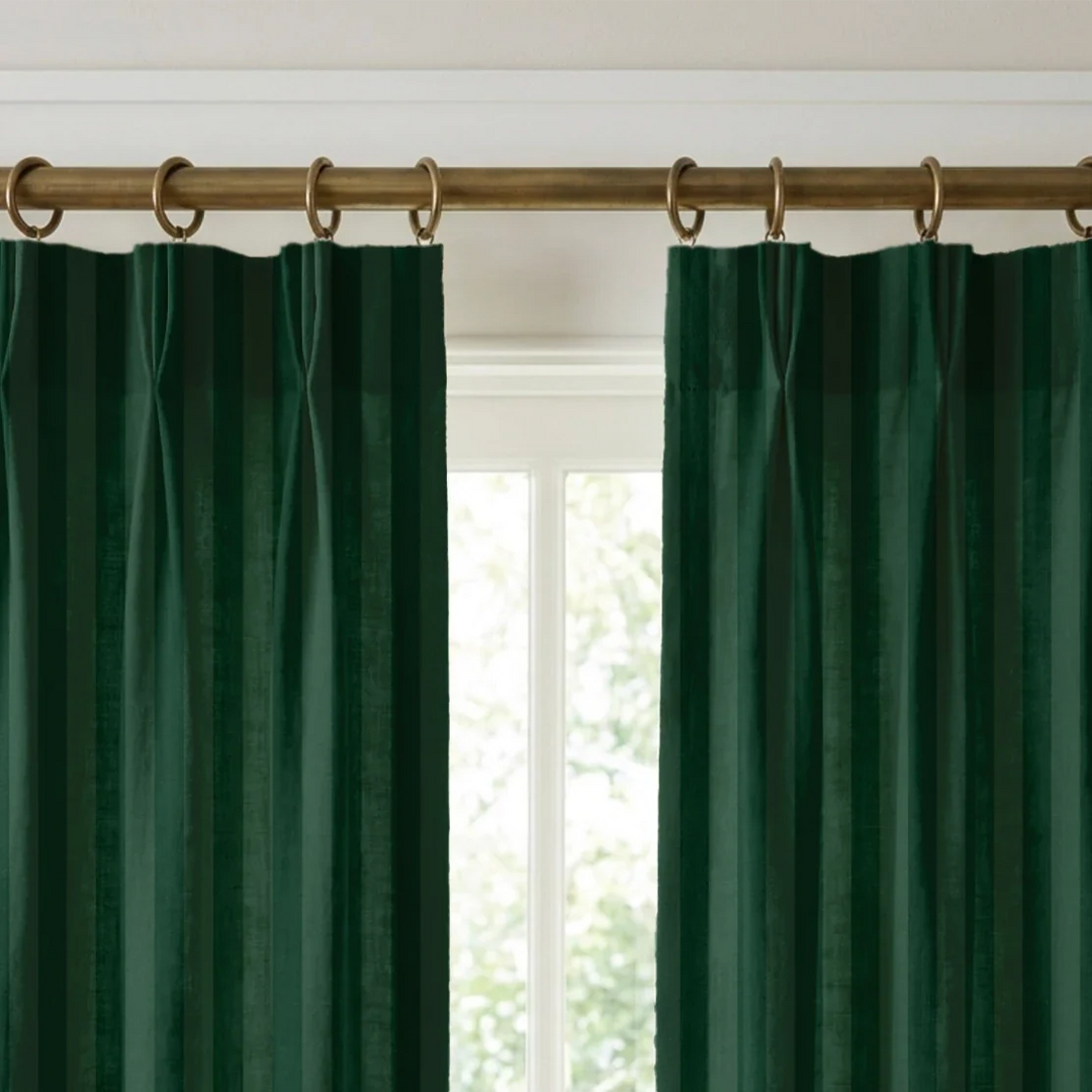 Deep green 19th century equal-width stripe, darker bands striated: linen cotton window curtains mockup.