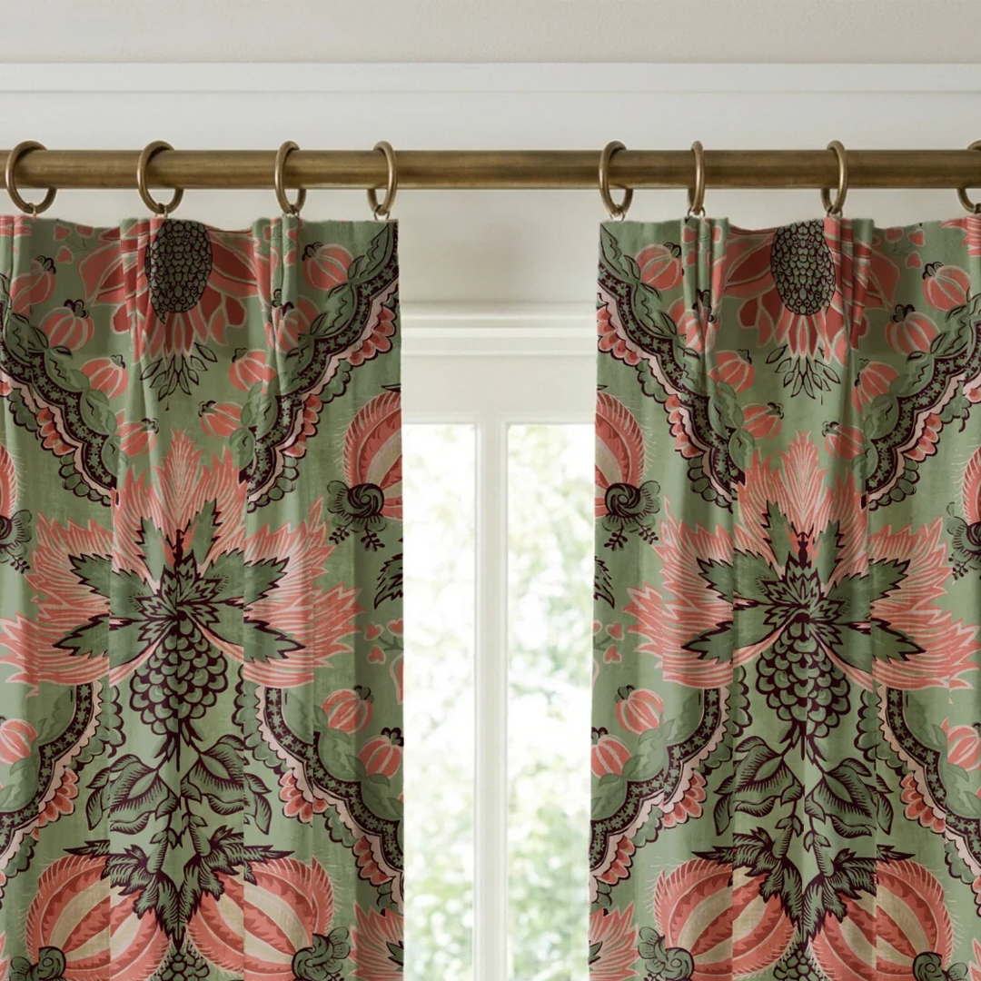 Flowering Pomegranate in eucalyptus and terracotta: an ogee lattice of lace borders framing a blossom held between two swelling pomegranates, translated from an 18th-century French block-printed quilt. cohort1 vb curtains