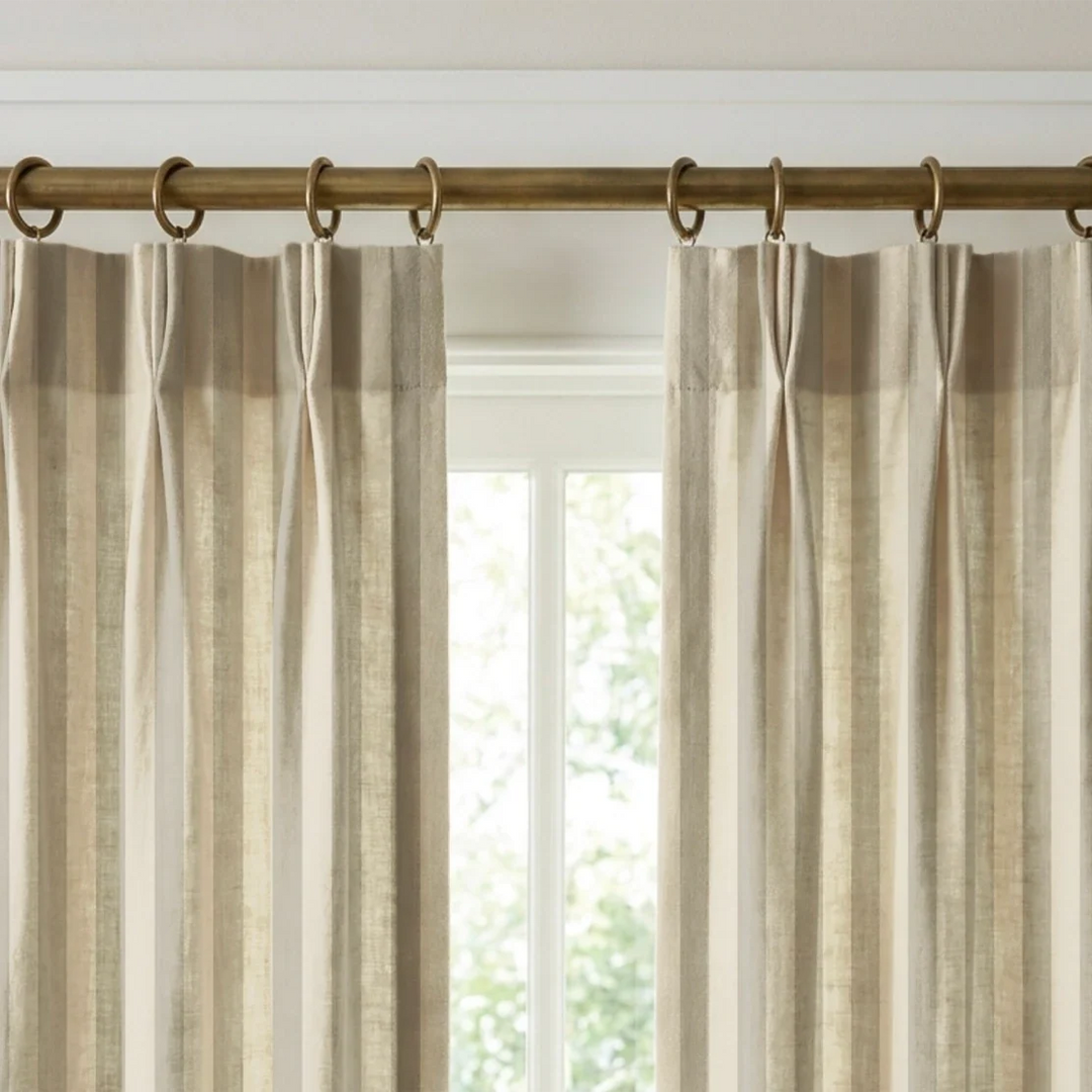 Cream and greige 19th century equal-width stripe, greige striated: linen cotton window curtains mockup.