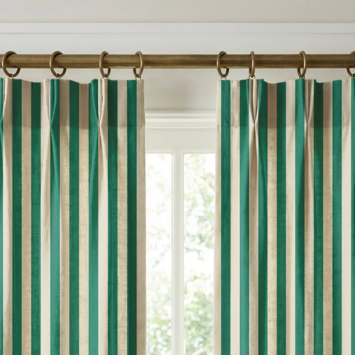 Blue-green and ivory 19th century equal-width stripe, green striated: linen cotton window curtains mockup.